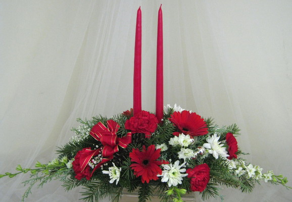Christmas Traditions Two Candle Centerpiece from Joseph Genuardi Florist in Norristown, PA