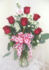 Half Dozen Roses Vased and Dressed for Valentines Day
