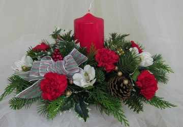 Winter Glow Pillar Candle Centerpiece from Joseph Genuardi Florist in Norristown, PA