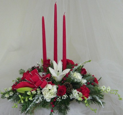 Christmas Lights Triple Candle Centerpiece from Joseph Genuardi Florist in Norristown, PA