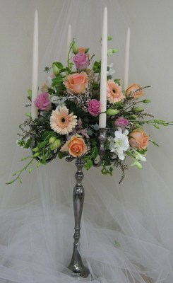 Elegant Candelabra Wedding Centerpiece from Joseph Genuardi Florist in Norristown, PA